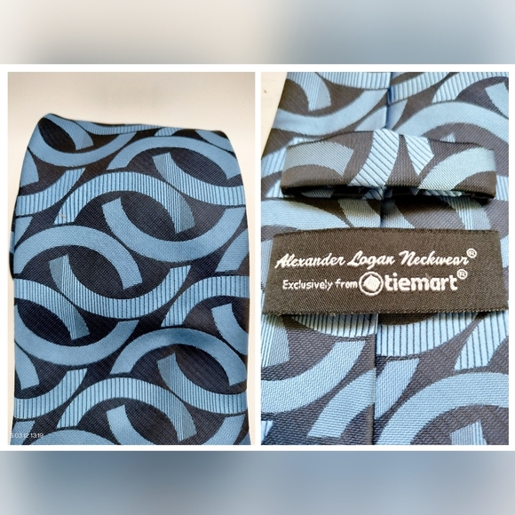 Alexander Logan Tiemart Mens Necktie Tie Blue and Black Link Swirl Formal - Picture 1 of 11